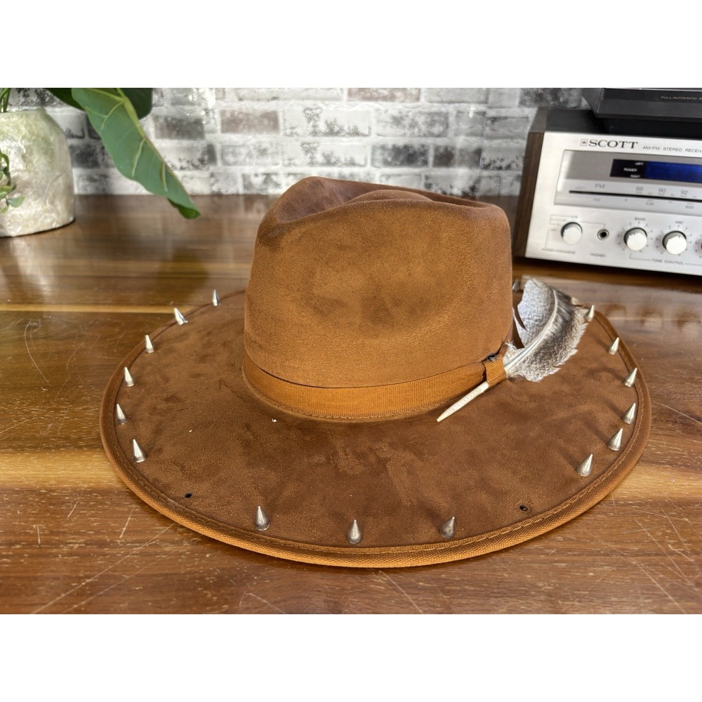 Summit Hats Brown Suede Fedora Wide Brim Spiked Cone Studs Feather Festival Sz M